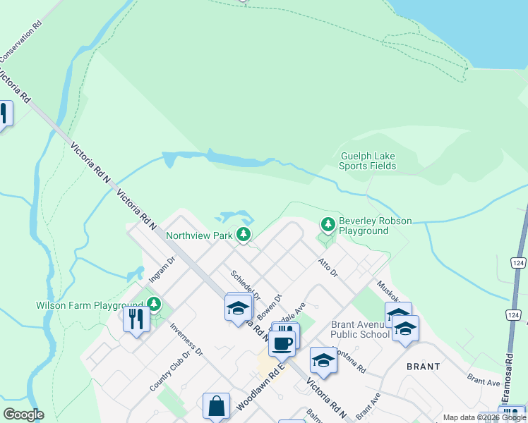 map of restaurants, bars, coffee shops, grocery stores, and more near 85 Mullin Drive in Guelph