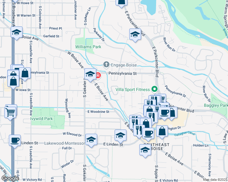 map of restaurants, bars, coffee shops, grocery stores, and more near 309 East Brookhollow Drive in Boise