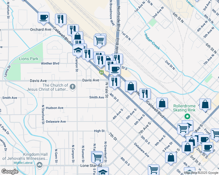 map of restaurants, bars, coffee shops, grocery stores, and more near 123 North Yale Street in Nampa