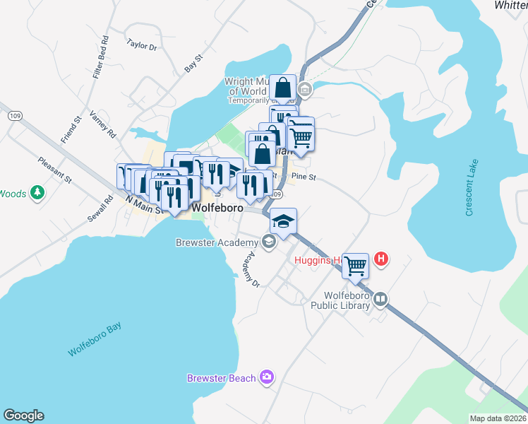 map of restaurants, bars, coffee shops, grocery stores, and more near 161 South Main Street in Wolfeboro