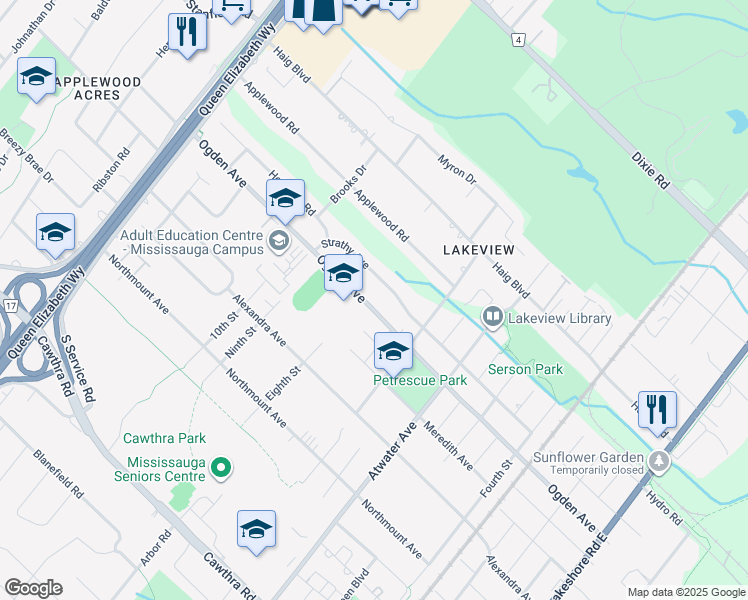 map of restaurants, bars, coffee shops, grocery stores, and more near 1367 Ogden Avenue in Mississauga