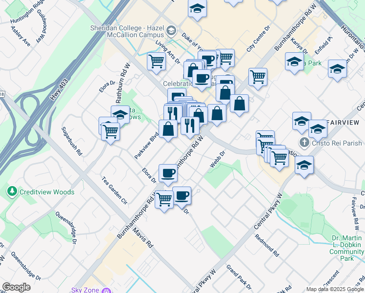 map of restaurants, bars, coffee shops, grocery stores, and more near in Mississauga