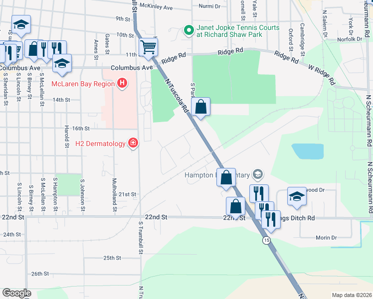 map of restaurants, bars, coffee shops, grocery stores, and more near 81 Pinewood Court in Bay City