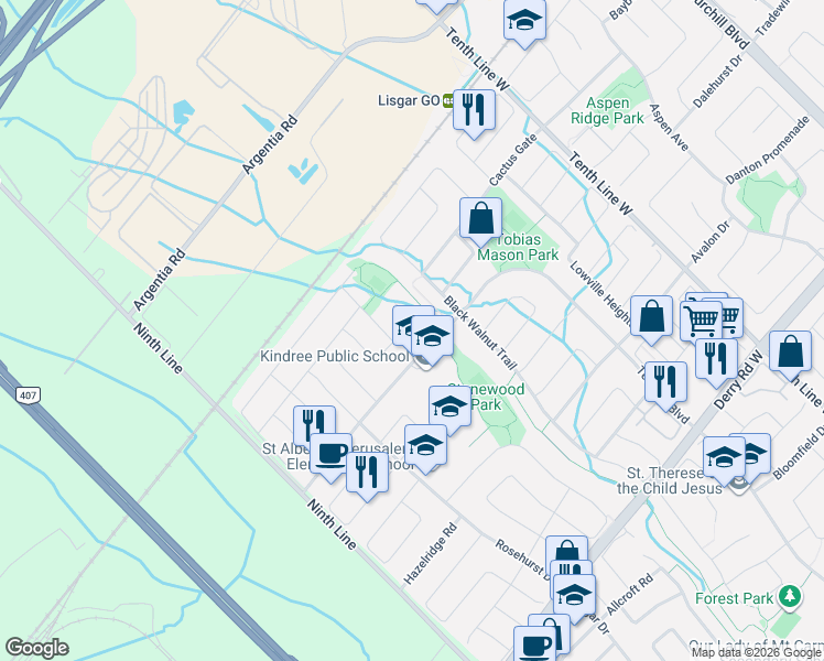 map of restaurants, bars, coffee shops, grocery stores, and more near 7282 Blackwood Mews in Mississauga