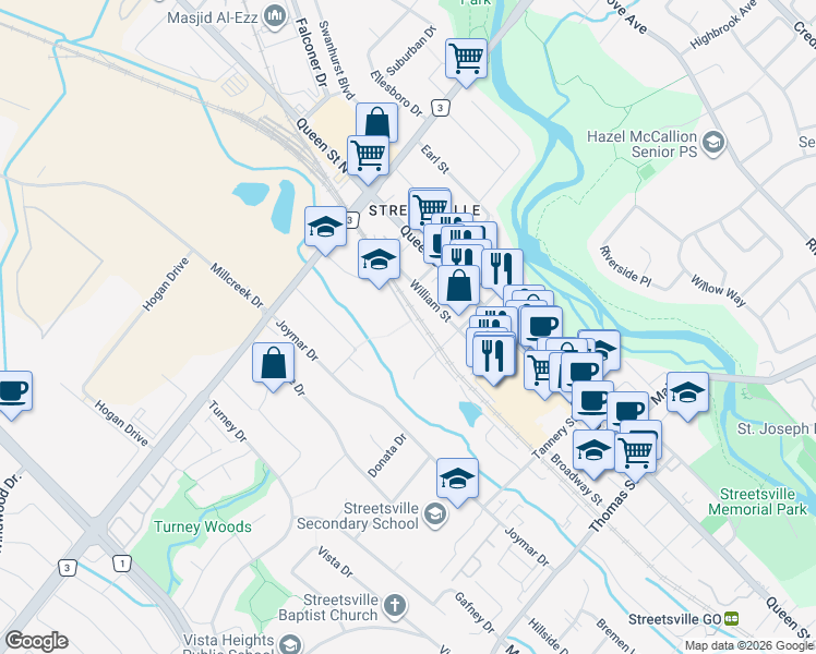 map of restaurants, bars, coffee shops, grocery stores, and more near in Mississauga