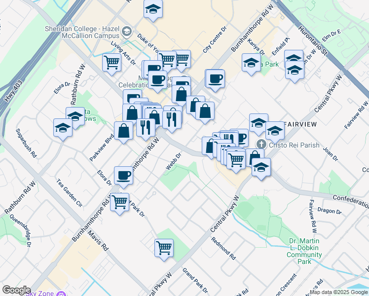 map of restaurants, bars, coffee shops, grocery stores, and more near 350 Webb Drive in Mississauga