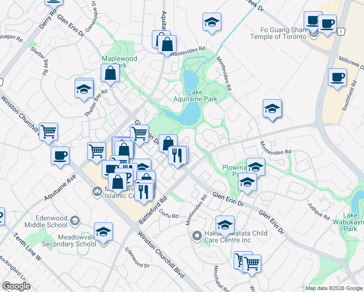 map of restaurants, bars, coffee shops, grocery stores, and more near 6599 Glen Erin Drive in Mississauga