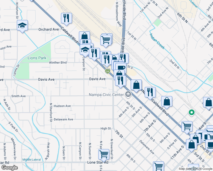 map of restaurants, bars, coffee shops, grocery stores, and more near 123 North Yale Street in Nampa