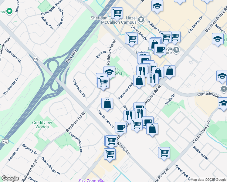 map of restaurants, bars, coffee shops, grocery stores, and more near 260 Wallenberg Crescent in Mississauga