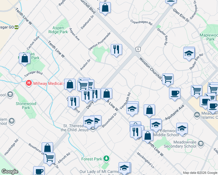 map of restaurants, bars, coffee shops, grocery stores, and more near 7010 Cordingley Crescent in Mississauga