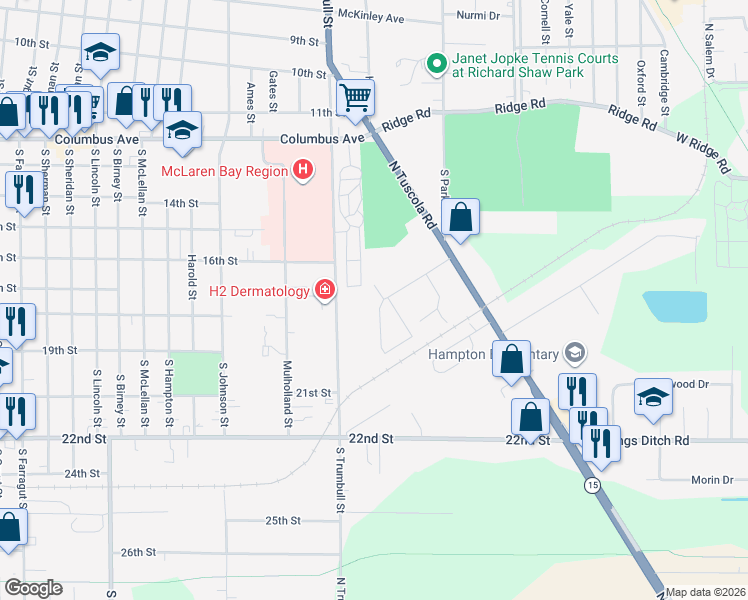 map of restaurants, bars, coffee shops, grocery stores, and more near 629 Spengler Drive in Bay City