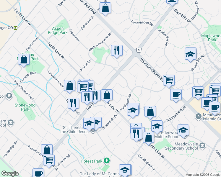 map of restaurants, bars, coffee shops, grocery stores, and more near 7010 Cordingley Crescent in Mississauga