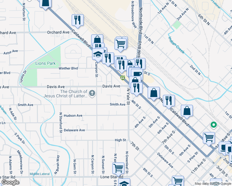map of restaurants, bars, coffee shops, grocery stores, and more near 116 North Stinson Street in Nampa
