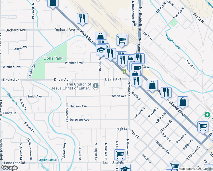 map of restaurants, bars, coffee shops, grocery stores, and more near 144 Smith Avenue in Nampa