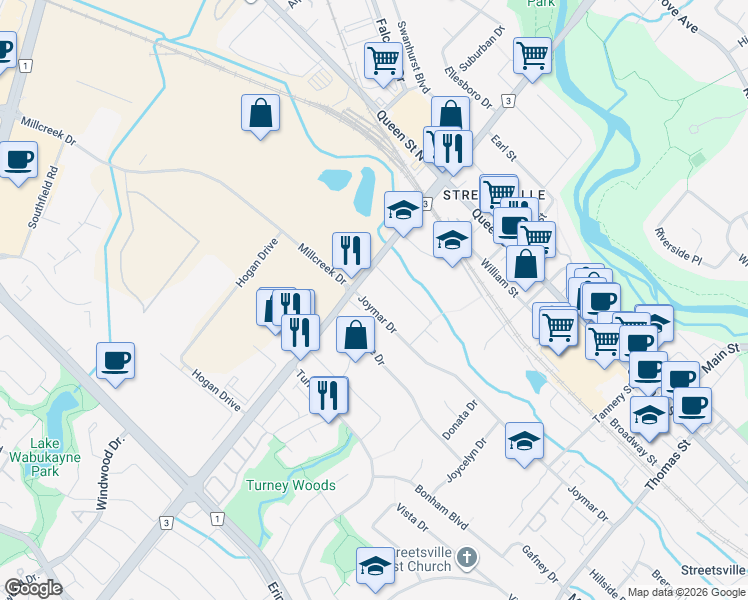 map of restaurants, bars, coffee shops, grocery stores, and more near in Mississauga