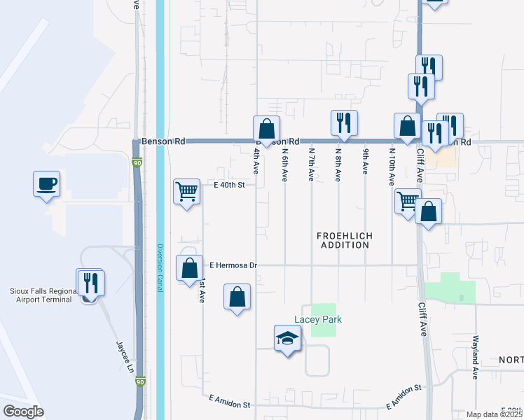 map of restaurants, bars, coffee shops, grocery stores, and more near 3500 North 4th Avenue in Sioux Falls