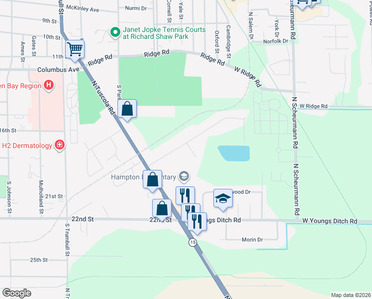 map of restaurants, bars, coffee shops, grocery stores, and more near 721 Shook Court in Bay City
