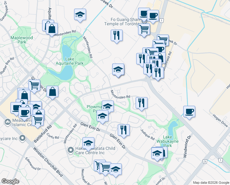 map of restaurants, bars, coffee shops, grocery stores, and more near 3 Moonstream Court in Mississauga