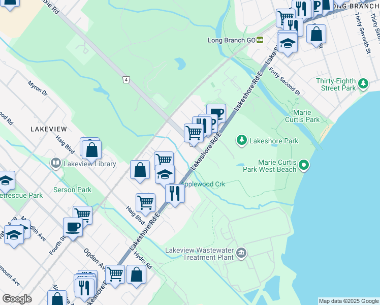 map of restaurants, bars, coffee shops, grocery stores, and more near 1345 Lakeshore Road East in Mississauga