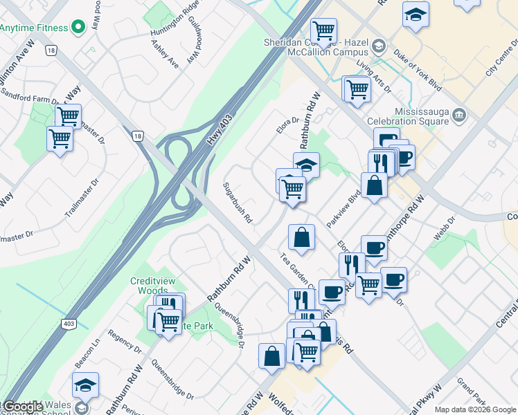 map of restaurants, bars, coffee shops, grocery stores, and more near 4190 Squire Court in Mississauga