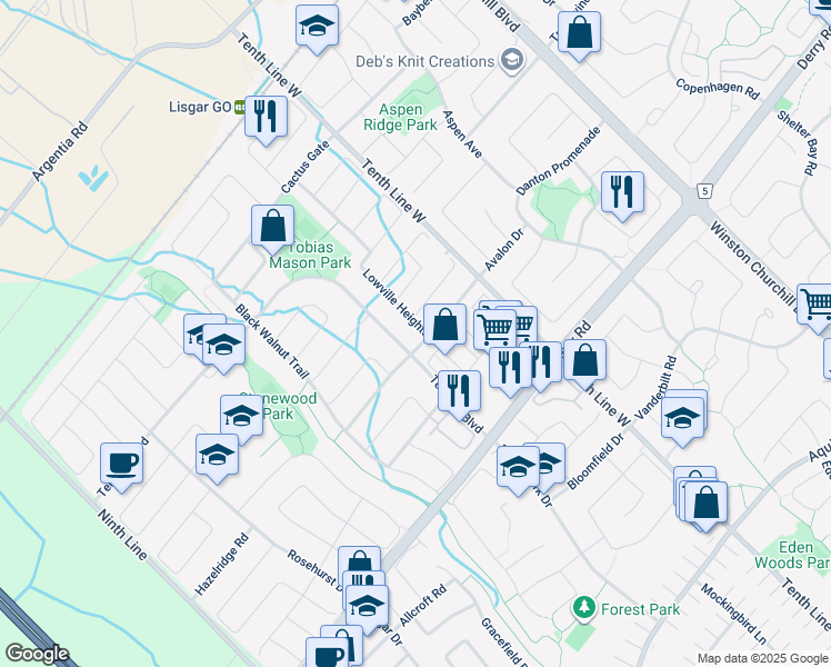 map of restaurants, bars, coffee shops, grocery stores, and more near 7128 Lowville Heights in Mississauga