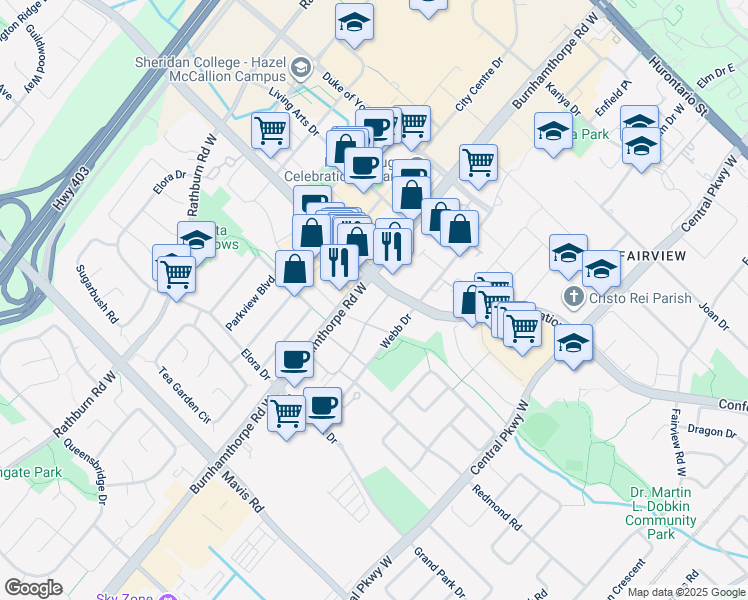 map of restaurants, bars, coffee shops, grocery stores, and more near 3900 Confederation Parkway in Mississauga