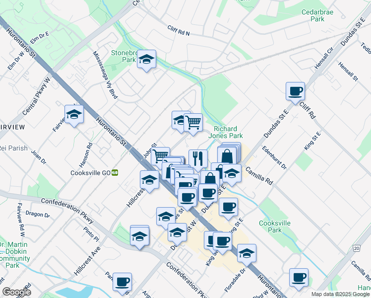 map of restaurants, bars, coffee shops, grocery stores, and more near 3170 Kirwin Avenue in Mississauga
