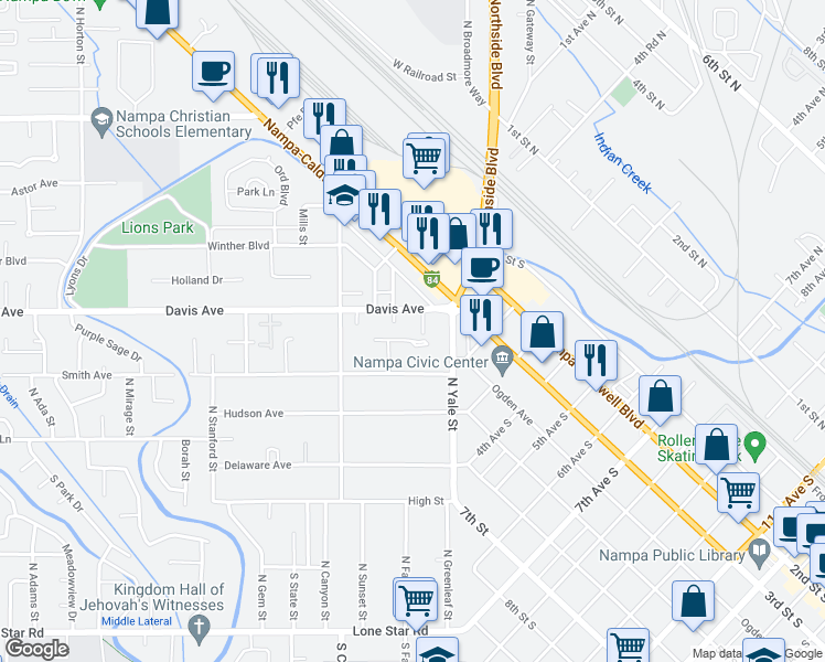 map of restaurants, bars, coffee shops, grocery stores, and more near 139 North Davis Court in Nampa