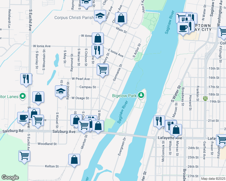 map of restaurants, bars, coffee shops, grocery stores, and more near 300 East Pearl Avenue in Bay City