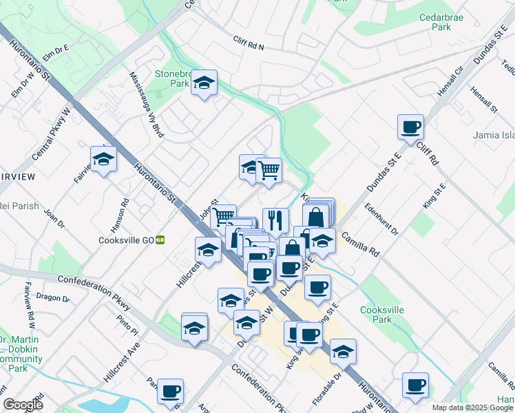 map of restaurants, bars, coffee shops, grocery stores, and more near in Mississauga
