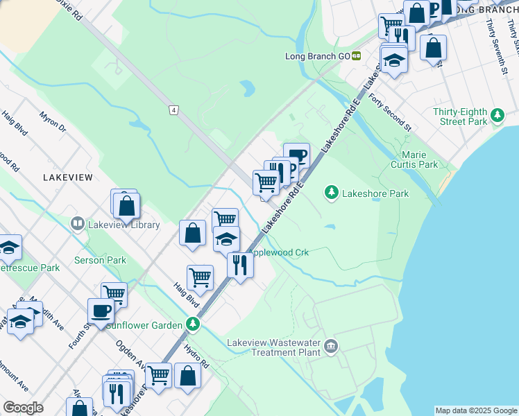 map of restaurants, bars, coffee shops, grocery stores, and more near 1345 Lakeshore Road East in Mississauga