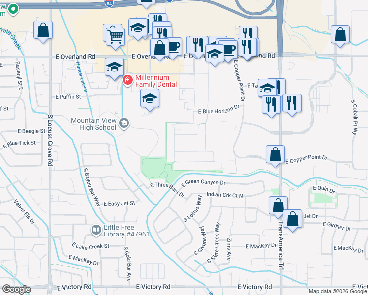 map of restaurants, bars, coffee shops, grocery stores, and more near 2575 East Griffon Street in Meridian