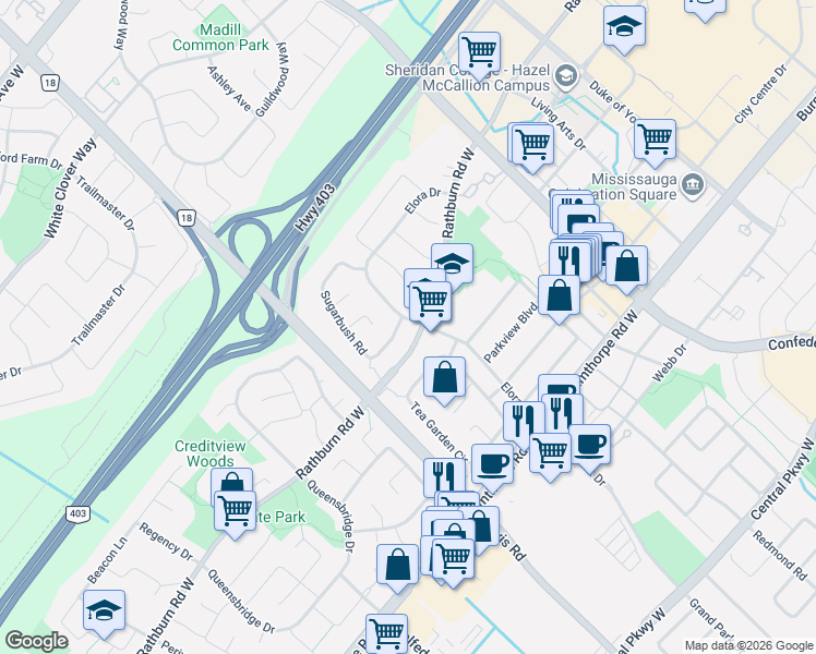 map of restaurants, bars, coffee shops, grocery stores, and more near 4122 Sugarbush Road in Mississauga