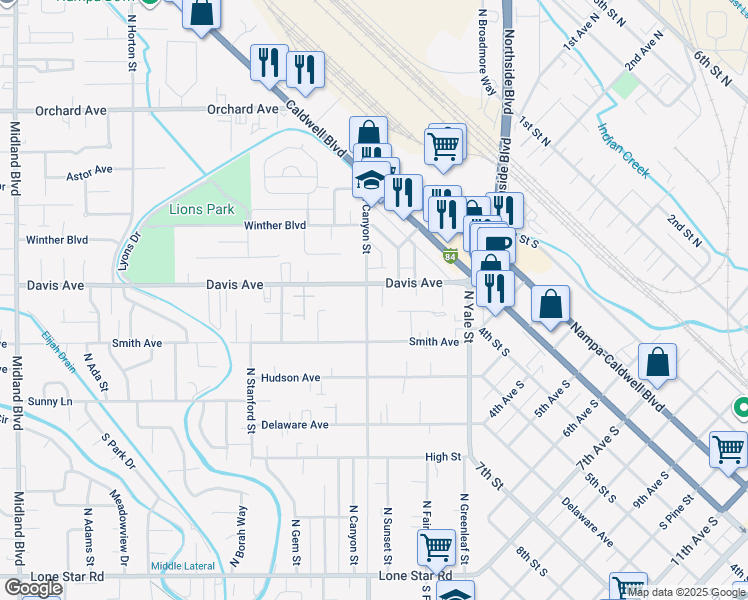 map of restaurants, bars, coffee shops, grocery stores, and more near 132 North Canyon Street in Nampa