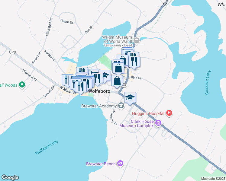map of restaurants, bars, coffee shops, grocery stores, and more near 161 South Main Street in Wolfeboro
