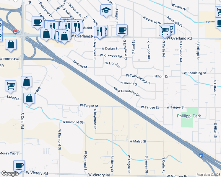 map of restaurants, bars, coffee shops, grocery stores, and more near 6400 West Targee Street in Boise