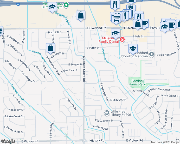 map of restaurants, bars, coffee shops, grocery stores, and more near 1726 East Doberman Drive in Meridian