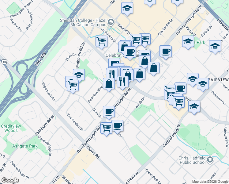 map of restaurants, bars, coffee shops, grocery stores, and more near 4020 Parkside Village Drive in Mississauga