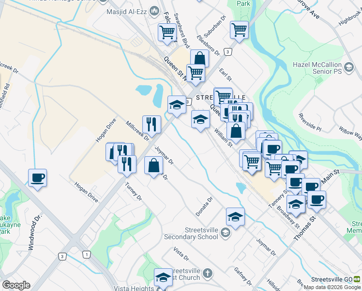 map of restaurants, bars, coffee shops, grocery stores, and more near 15 Pioneer Drive in Mississauga