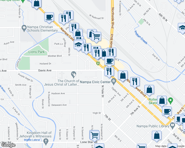 map of restaurants, bars, coffee shops, grocery stores, and more near 141 North Davis Court in Nampa