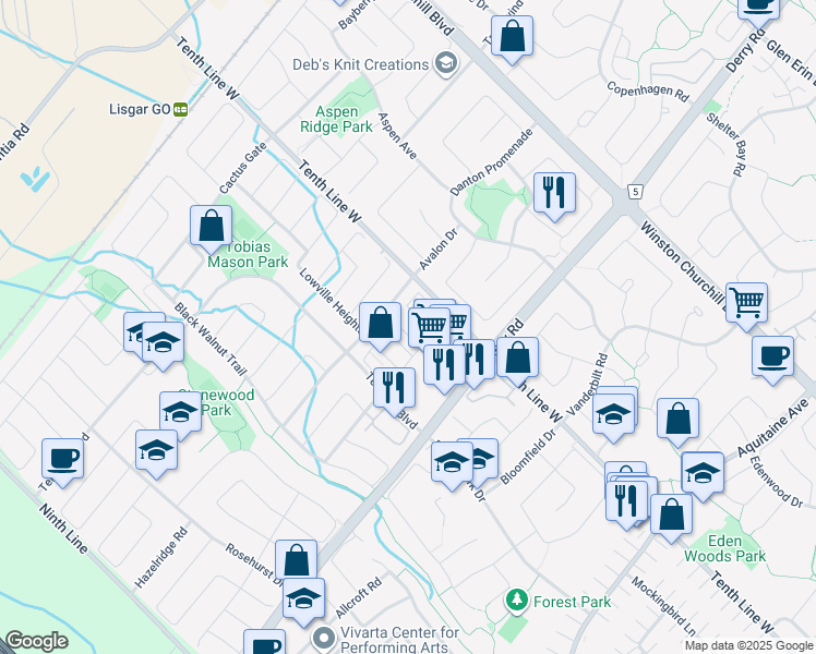 map of restaurants, bars, coffee shops, grocery stores, and more near 7113 Chatham Court in Mississauga