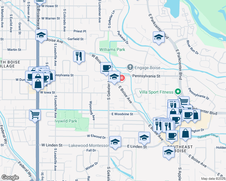 map of restaurants, bars, coffee shops, grocery stores, and more near 22082220 South Gekeler Lane in Boise