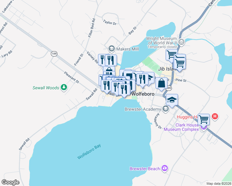 map of restaurants, bars, coffee shops, grocery stores, and more near 16 North Main Street in Wolfeboro