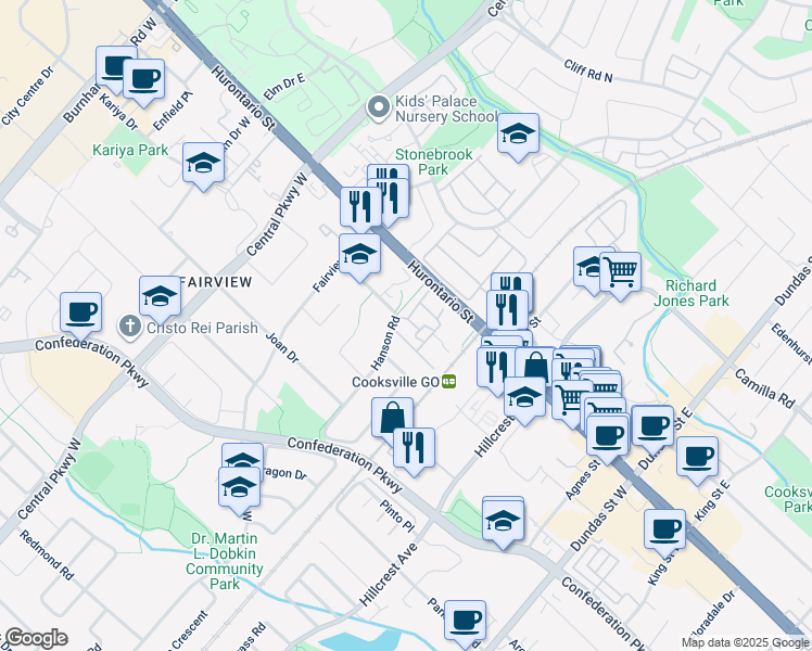map of restaurants, bars, coffee shops, grocery stores, and more near 52 Surbray Grove in Mississauga