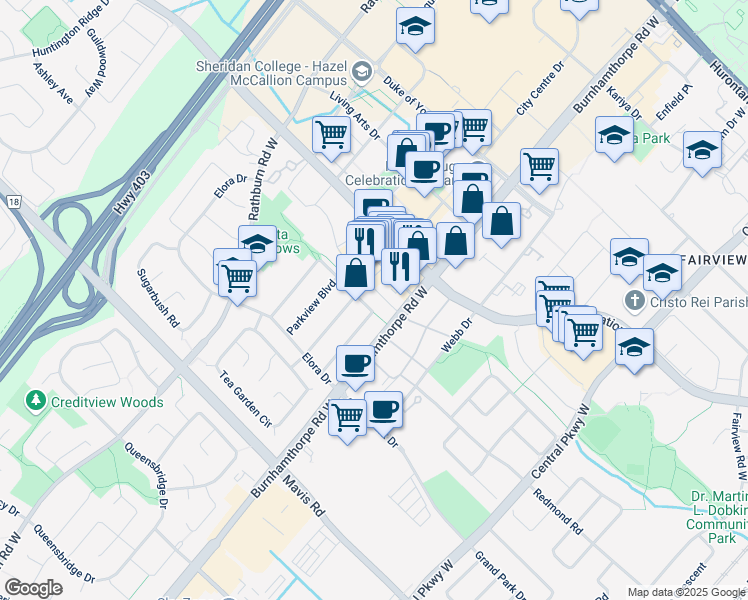 map of restaurants, bars, coffee shops, grocery stores, and more near in Mississauga
