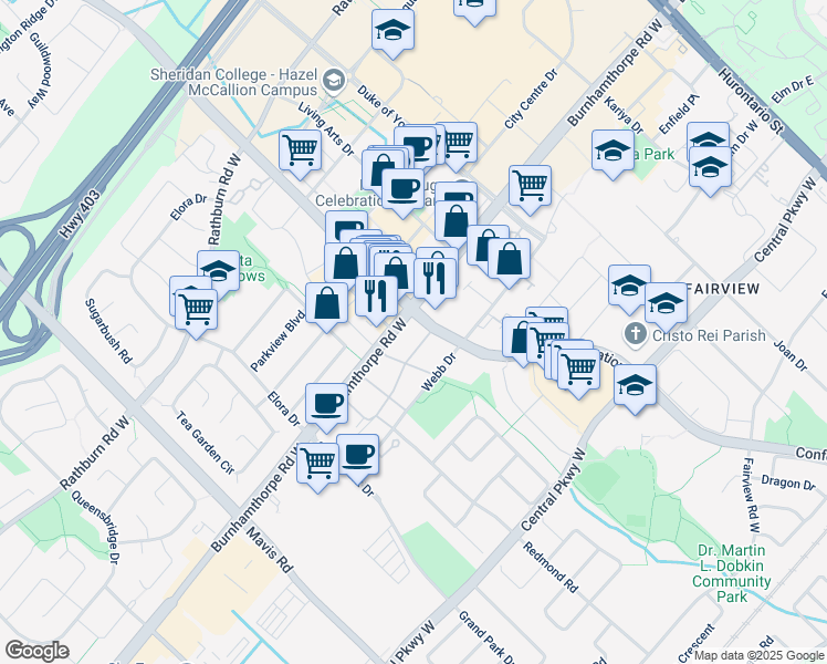 map of restaurants, bars, coffee shops, grocery stores, and more near 425 Webb Drive in Mississauga