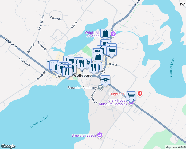 map of restaurants, bars, coffee shops, grocery stores, and more near 41 Cropley Hill Road in Wolfeboro
