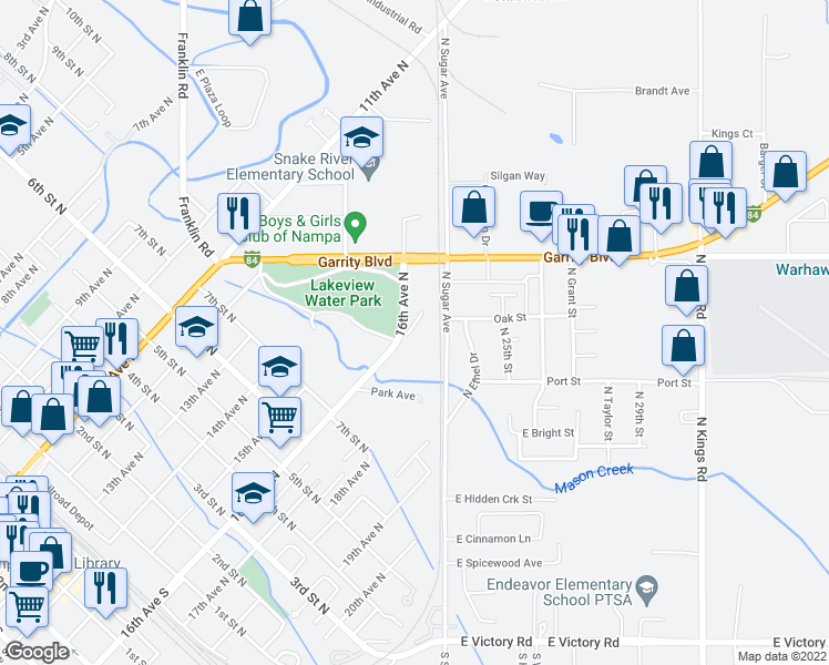 map of restaurants, bars, coffee shops, grocery stores, and more near 914 North Fritz Miller Court in Nampa