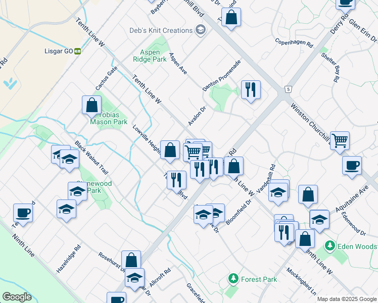 map of restaurants, bars, coffee shops, grocery stores, and more near 3229 Redpath Circle in Mississauga