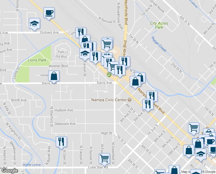 map of restaurants, bars, coffee shops, grocery stores, and more near 140 North Davis Court in Nampa